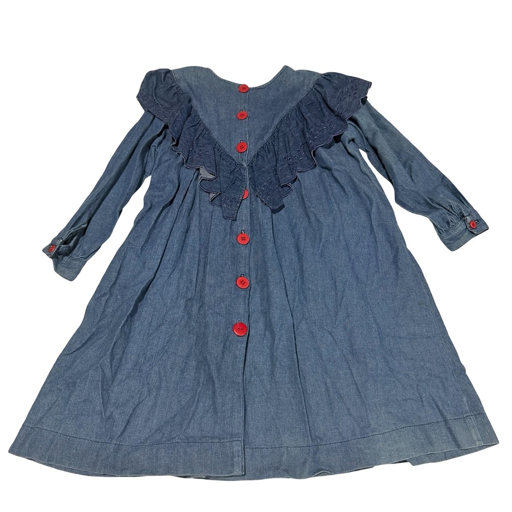Cottontail Originals Vintage Girls Denim‎ Dress Blue Red Button Eyelet Ruffle 6
